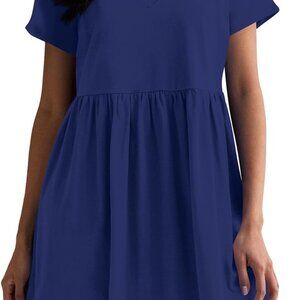 Women's Casual V Neck Mini Dress Short Sleeve A Line Pleated Loose Fit